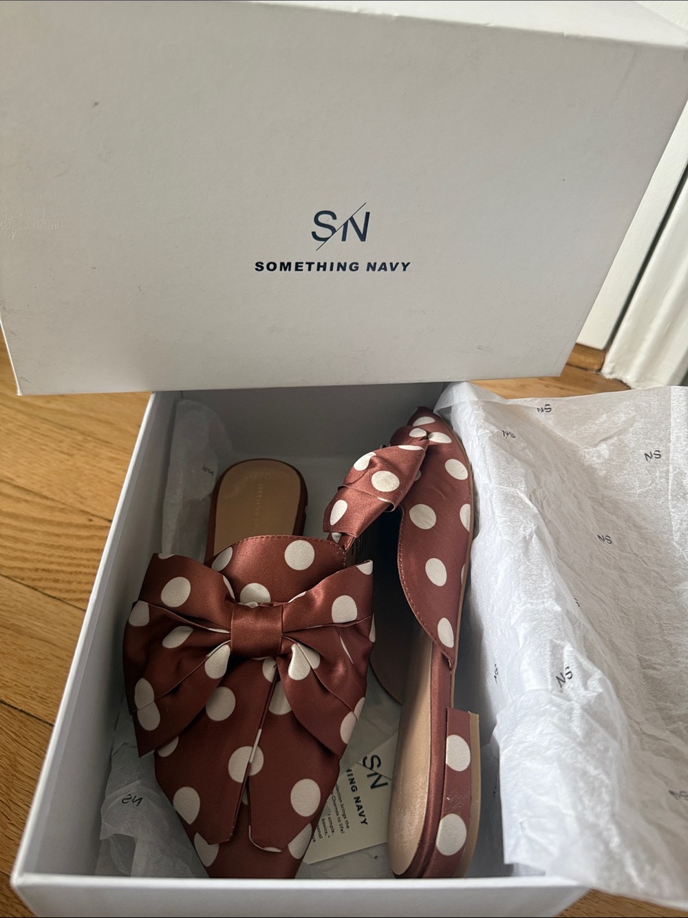 Something Navy Rust Polka Dot Bow Slide Mules